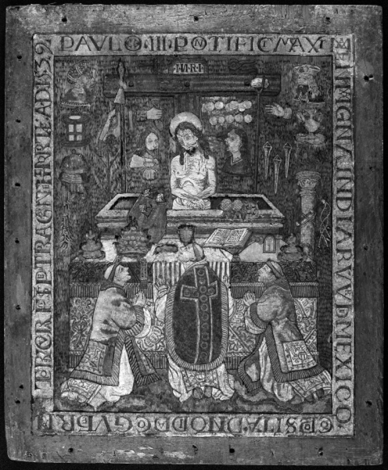 messe st grégoire pierre de gand mexico 1539 mosaique de plumes sur bois