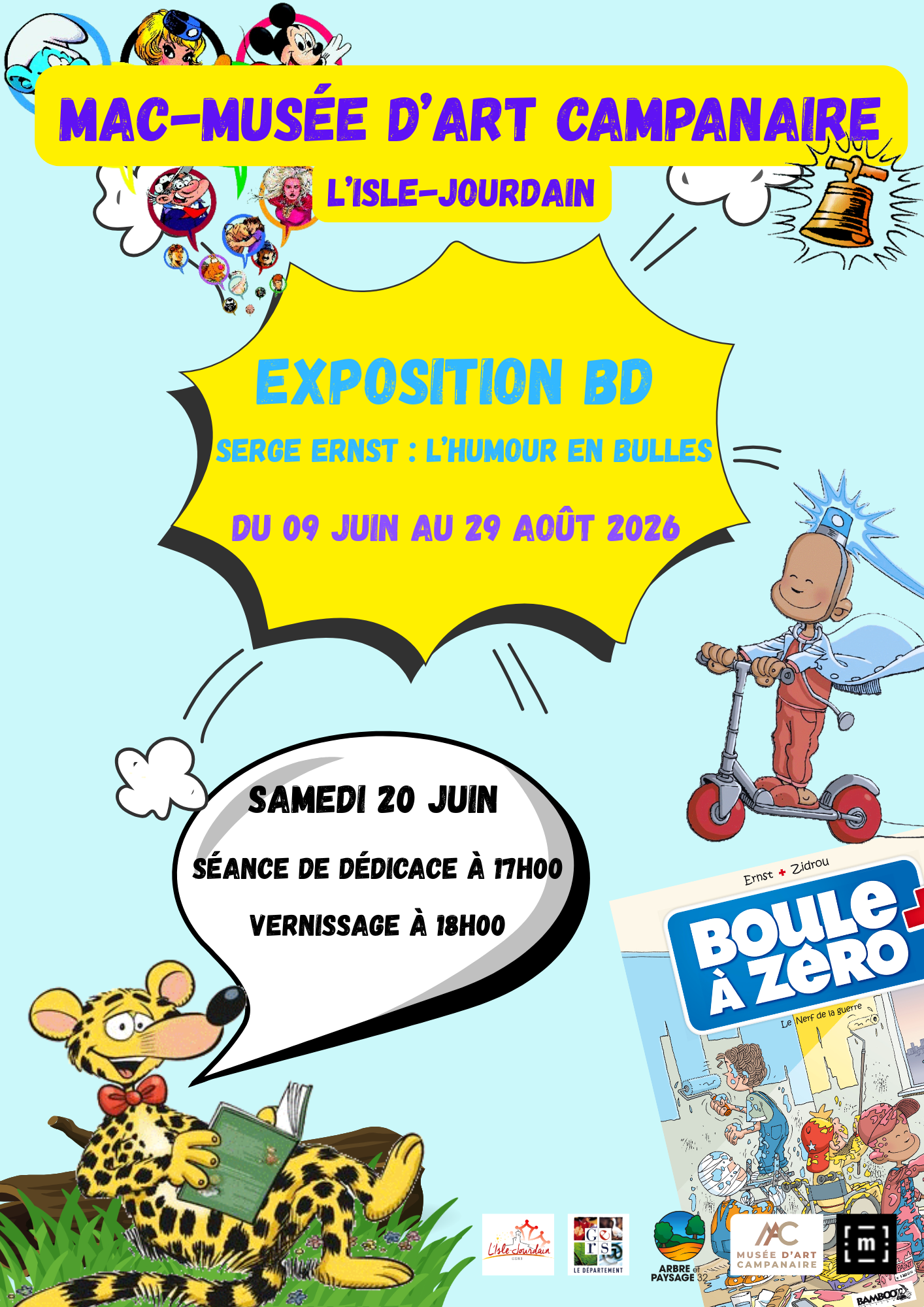 Affiche Exposition BD SERGE ERNST l'humour en bulles. MAC-Musée d'Art Campanaire. été 2026.png