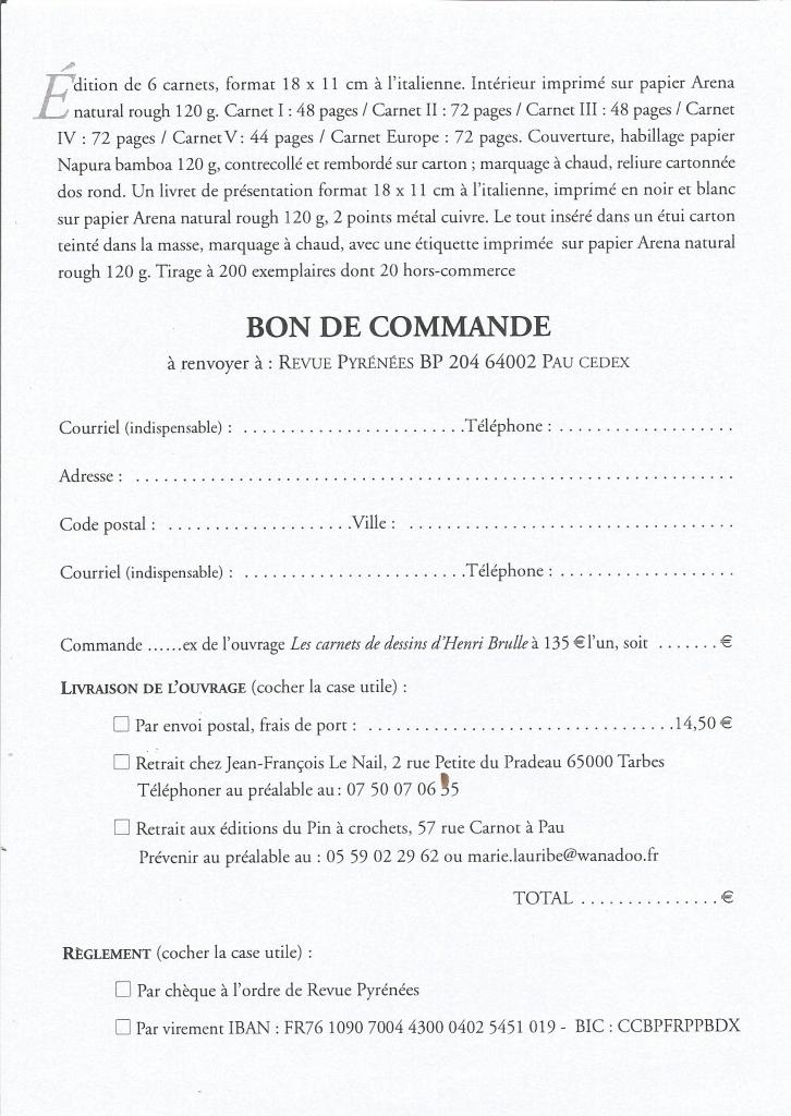 Bon de commande Les carnets de dessins du pyrénéiste Henri Brulle