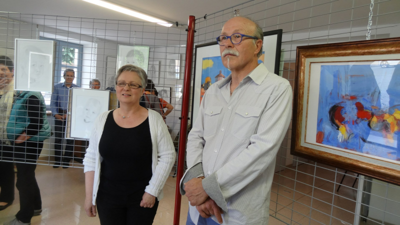 Portait de Nathalie Ducoulombier  et aquarelles de Patrice Hyver à  la Médiathèque 