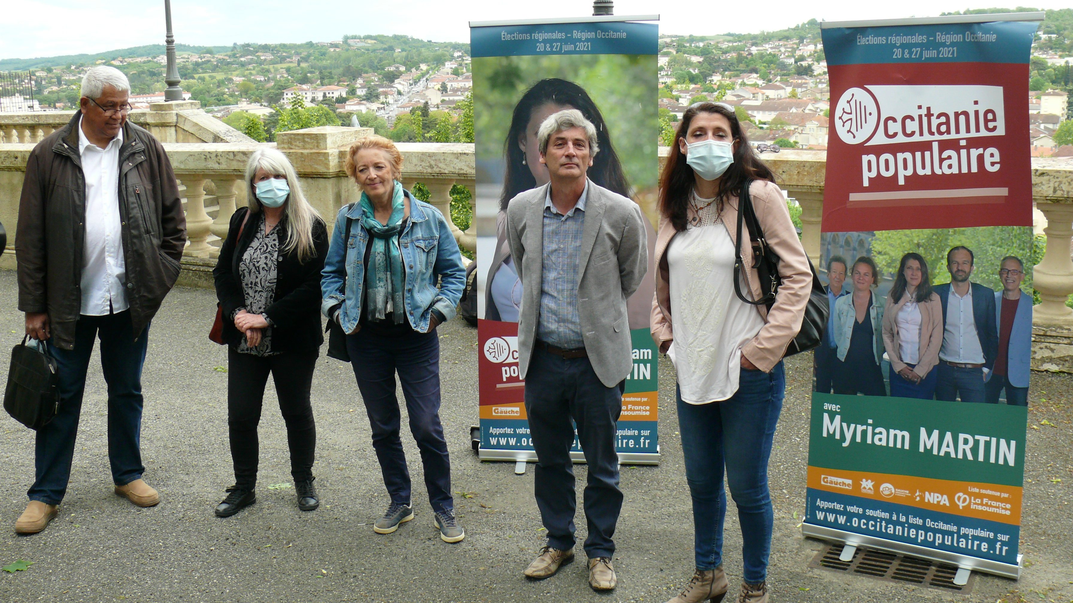 Les candidats gersois, Thierry Ferron, Christine Comte, Myriam Rimbert, Pascal Levieux et Myriam Martin, tête de liste "d'Occitanie populaire".