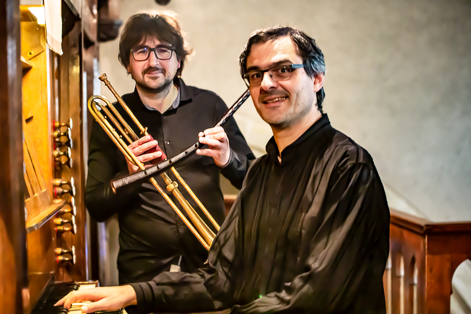 Pablo Valat à la trompette et Laurent Carle, lors d'un concert au Houga en mai 2019 - Photo Archives Roland Houdaille