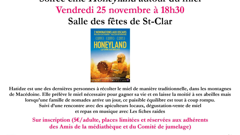 Soirée ciné " Honeyland" autour du miel organisée par la médiathèque de Saint-Clar