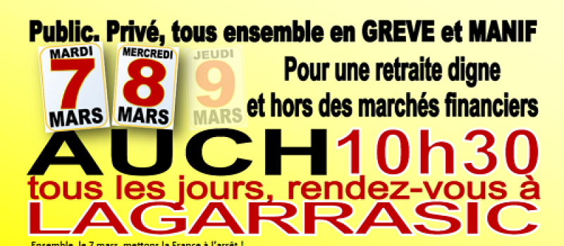 Appel à la grève - tract 7, 8, 9 ... mars - intersyndicale Gers
