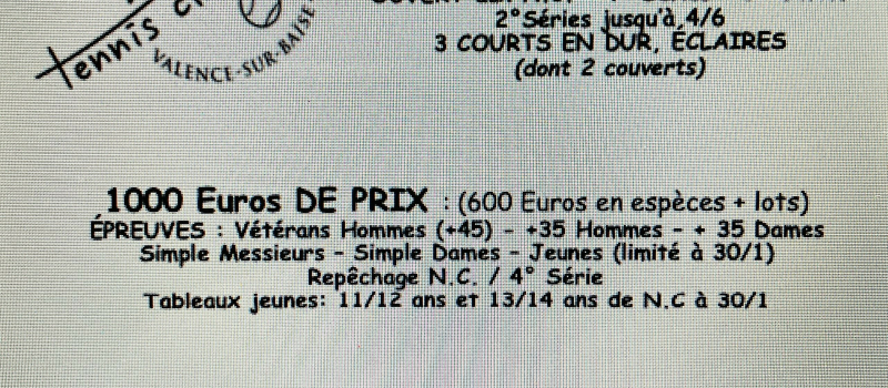Tournoi de tennis du 21 avril au 06 mai à Valence-sur-Baïse