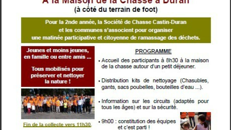 Opération «J’aime la Nature Propre» à Castin/ Duran en partenariat avec la Société de Chasse
