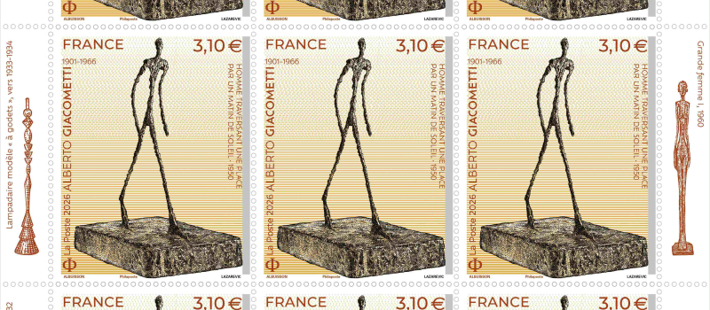 Un timbre-poste émis illustré par une œuvre d’Alberto GIACOMETTI