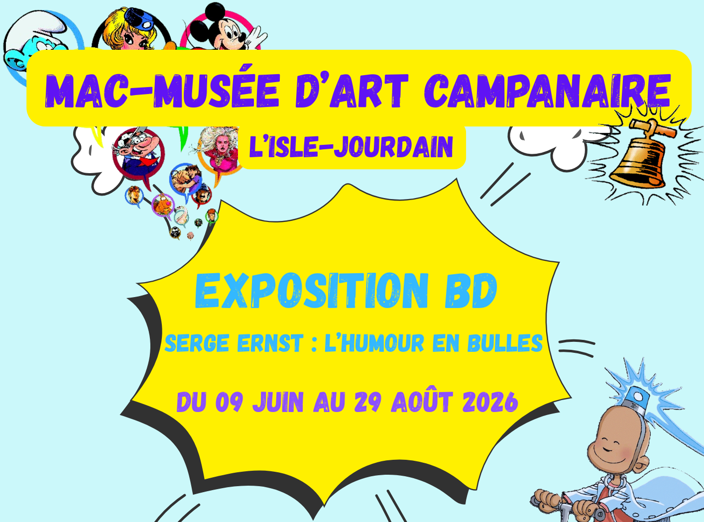Affiche Exposition BD SERGE ERNST l'humour en bulles. MAC-Musée d'Art Campanaire.   2 été 2026.PNG